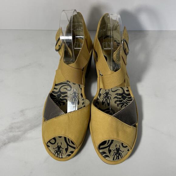 Fly London CRISSCROSS Peeptoe Sandal Size 10/41 Bumblebee Bronze Block Heel NEW - Picture 3 of 13